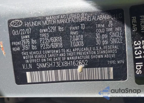 2008 Hyundai Santa Fe Limited/Se z USA, uszkodzony, nr VIN 5NMSH73EX8H162652